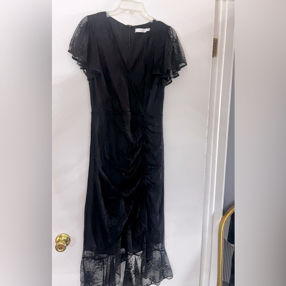 LUSH Black Lace Ruffle Flutter Sleeve Mermaid Tail Ruched Vintage Midi Dress